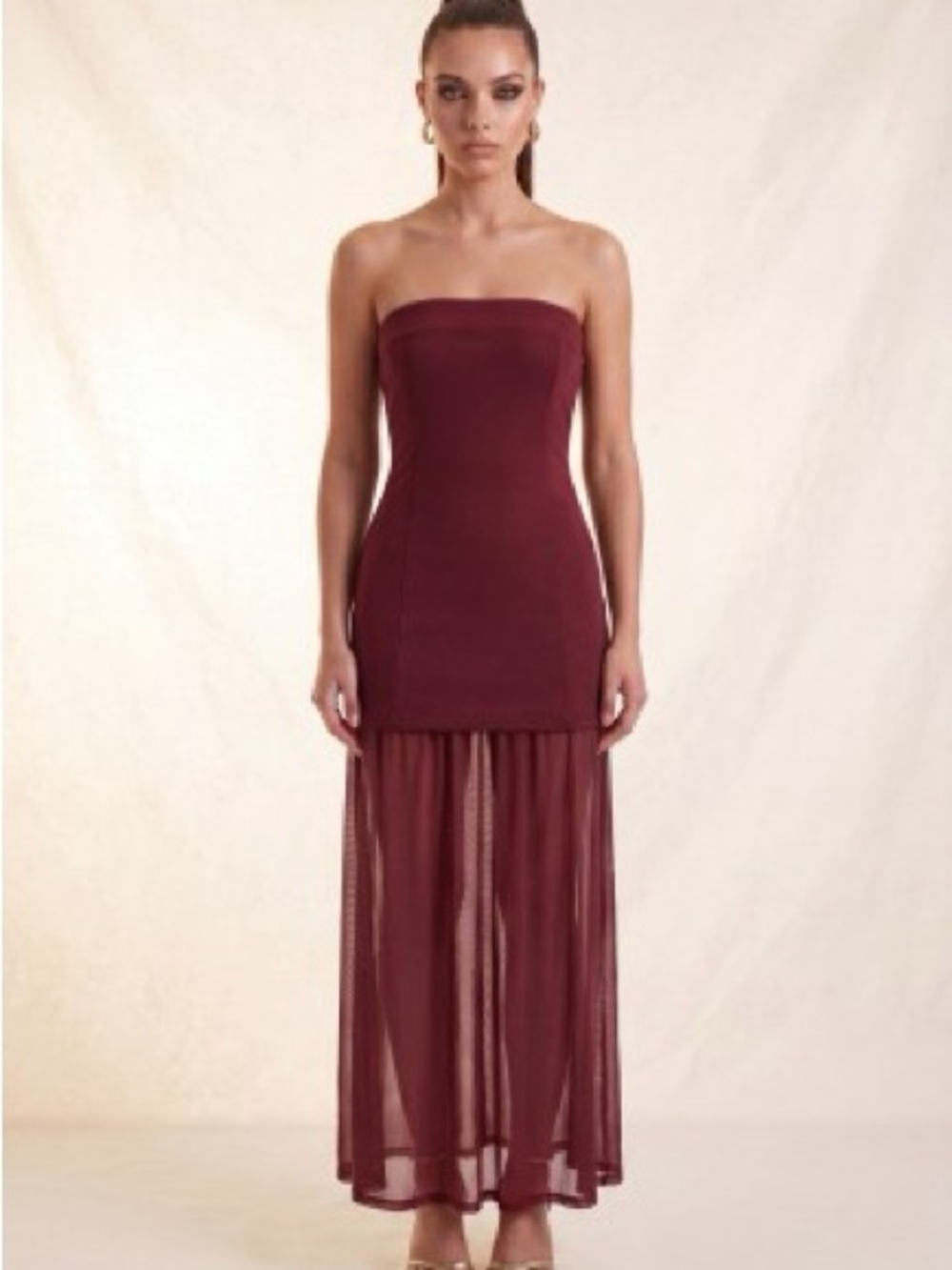 Haute Monde Strapless Burgundy Sheer Maxi Dress